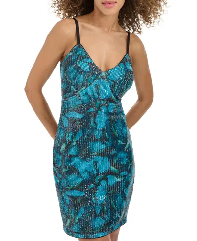 Siena Women's Sleeveless V-neck Sequin-mesh Bodycon Dress In Teal Multi