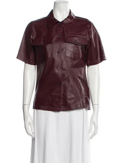 Pre-owned Sies Marjan Leather Short Sleeve Button-up Top In Burgundy