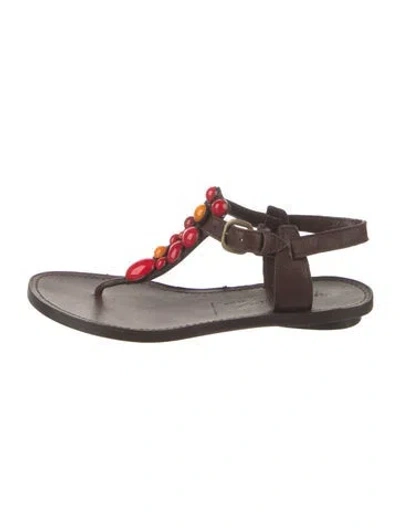 Pre-owned Sigerson Morrison Leather Beaded Accents T-strap Sandals In Brown