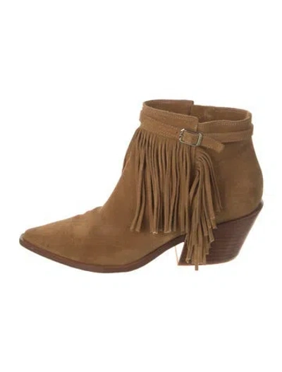 Pre-owned Sigerson Morrison Suede Fringe Trim Accent Boots In Brown