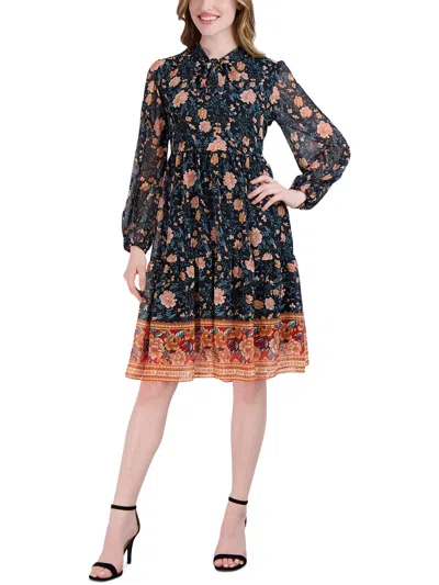Signature By Robbie Bee Petites Womens Floral Print Chiffon Fit & Flare Dress In Multi