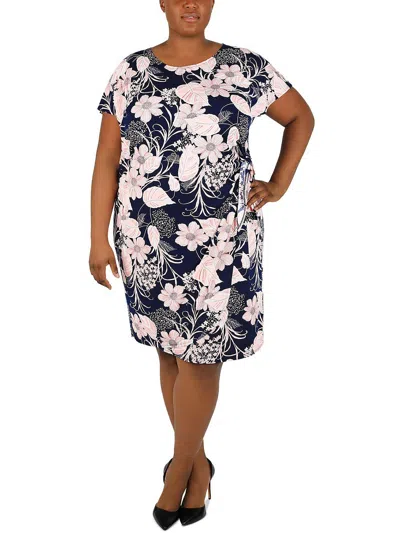 Signature By Robbie Bee Plus Womens Floral Side Tie Shift Dress In Blue