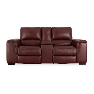 Signature Design By Ashley Alessandro Dual Power Leather Reclining Loveseat With Console In Red