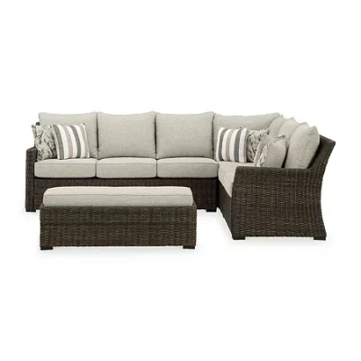 Signature Design By Ashley Brook Ranch 3-pc. Outdoor Sofa Sectional And Bench With Cushions In Brown