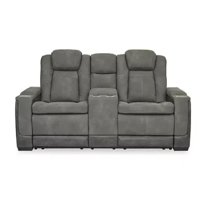 Signature Design By Ashley Next-gen Durapella Dual Power Reclining Track Arm Loveseat With Console In Gray