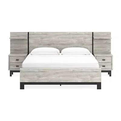 Signature Design By Ashley Vessalli Panel Bed With Headboard Extensions And 2 Nightstands In Light Gray