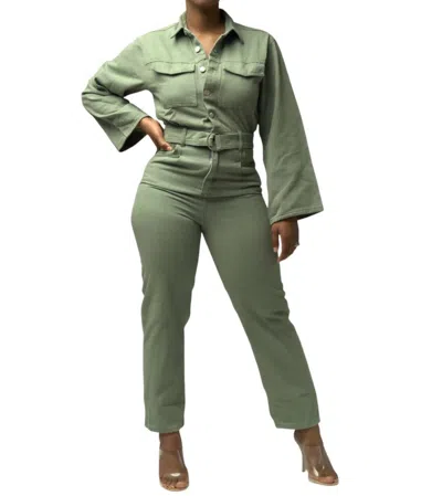 Signature8 Belted Long Sleeve Jumpsuit In Olive In Green