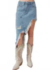 Signature8 Unbalanced Destroyed Denim Maxi Skirt In Blue In Blue
