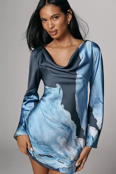 Significant Other Alis Long-sleeve Satin Mini Dress In Blue