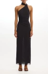 Significant Other Avni Asymmetric Halter Neck Mesh Gown In Black