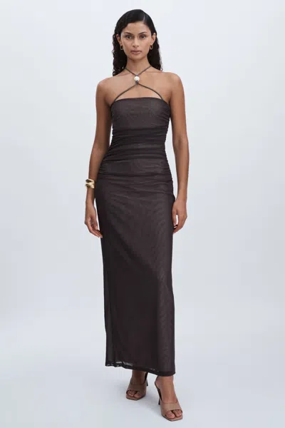 Significant Other Chocolate  Ruched Mesh Maxi Dress