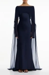 Significant Other Devlyn Chiffon Drape Long Sleeve Gown In Blue