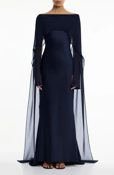 Significant Other Devlyn Chiffon Drape Long Sleeve Gown In Blue