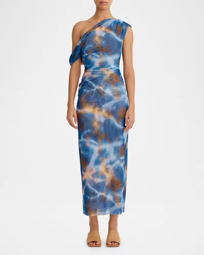 Significant Other Drew One-shoulder Ruched Midi Dress In Dipped Cobalt