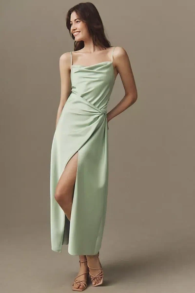 Significant Other Esme Cowl-neck Draped Satin Side-slit Maxi Dress In Green