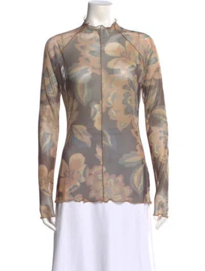 Pre-owned Significant Other Floral Print Mock Neck Top In Brown