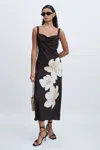Significant Other Grey Multi Alia Midi Satin Flower Print Midi Dress In Grey Multi