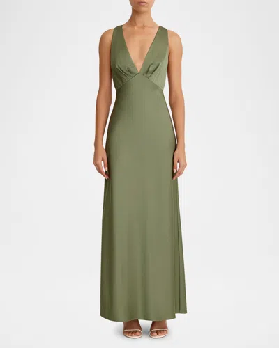 Significant Other Lucile Plunging Low-back Bias Maxi Dress In Pesto