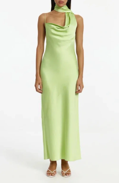 Significant Other Luka One-shoulder Scarf Detail Satin Gown In Green