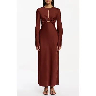 Significant Other Molly Cutout Twist Front Long Sleeve Satin Maxi Dress In Brown
