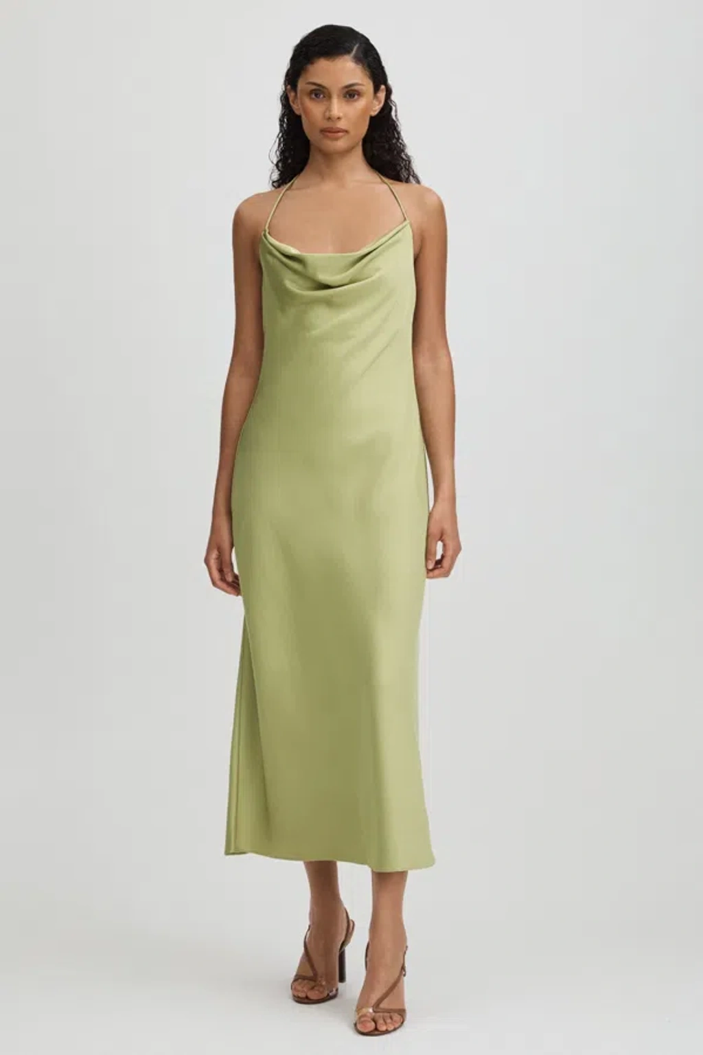 green emerald velvet dress Charming Sheath Cowl Neck Sage Green Silk Satin Tea Length Bridesmaid  Dresses AB081636 main image 0