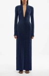 Significant Other Selena Metallic Plunge Long Sleeve Open Back Jersey Gown In Blue