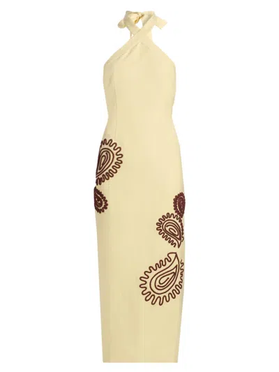 Significant Other Women's Carly Embroidered Linen-blend Halterneck Midi-dress In Yellow
