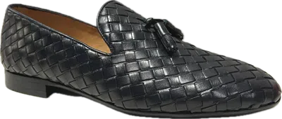 Pre-owned Sigotto Uomo Men's Slip On Black Woven Leather Loafers With Tassels 4408