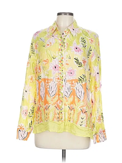 Pre-owned Sigrid Olsen Long Sleeve Silk Top Green Floral Pattern Tie Neck Tops