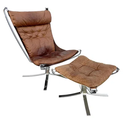 Pre-owned Sigurd Resell Falcon Chair And Ottoman In Chrome Frame By  In Brown