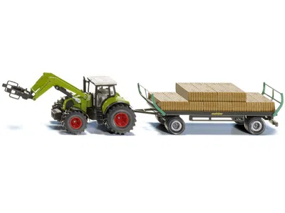 Siku Claas Tractor With Square Bale Grab Green And Oehler Bale Trailer With 12 Hay Bales 1/50 Diecast Mod