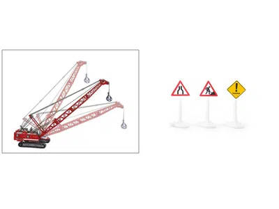 Siku Heavy Haulage Transporter Green And Liebherr Cable Excavator Red With Wrecking Ball And Signs 1/87 (