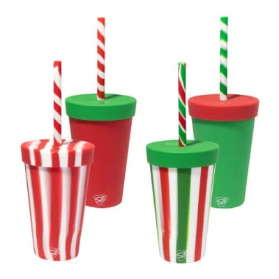 Silipint Silicone 16 oz Straw Tumbler4 Pk Peppermint, Poinsettia, Classic Red & Green