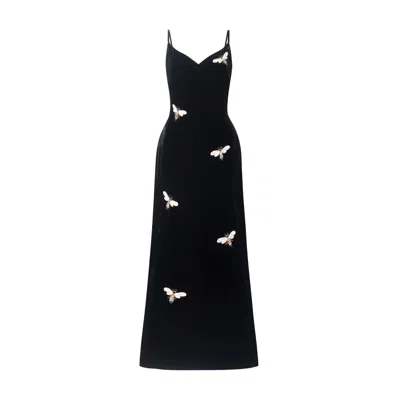 Silk And Bears Women's Black / Gold Noir Bee Hand-embroidered Silk Velvet Slip Dress