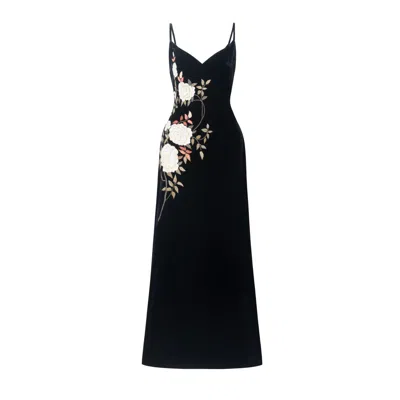 Silk And Bears Women's Black Hand-embroidered Noir Rose Silk Velvet Evening Dress