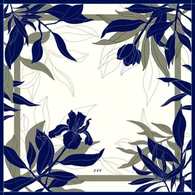 Silk And Bears Women's Blue / White Navy Botanical Twill Silk Scarf – Ivory In Multi