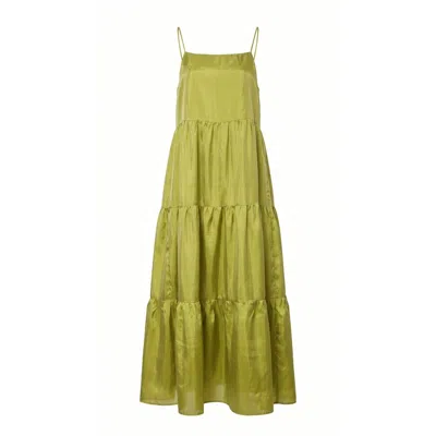 Silk And Bears Women's Green Valentina Olive Gold - Habotai Silk Tiered Maxi Dress