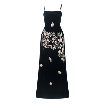 Silk And Bears Women's Hand-embroidered Black Silk Velvet Bias Slip Maxi Dress — Fan Motif — Velvet Atelier