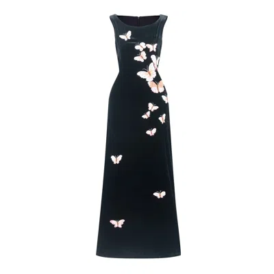 Silk And Bears Women's Hand-embroidered Black Silk Velvet Maxi Evening Dress — Butterfly — Velvet Atelier