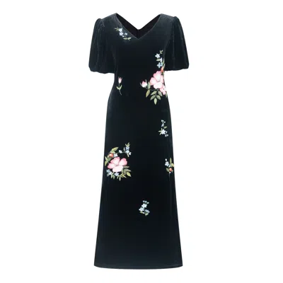 Silk And Bears Women's Hand-embroidered Black Silk Velvet Puff-sleeve Maxi Dress — Floral — Velvet Atelier