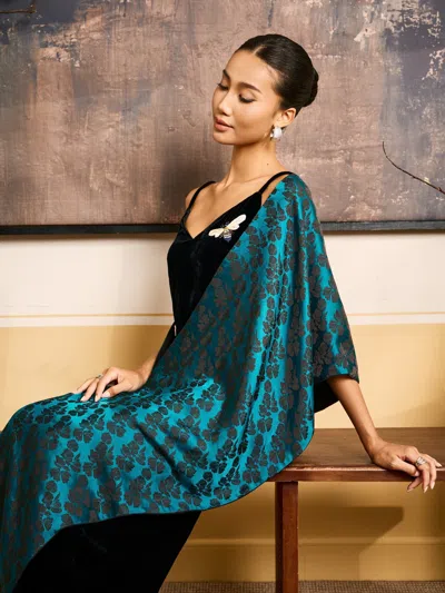 Silk And Bears Women's Mallard Green Rose Jacquard Silk Evening Shawl — Soirée Collection