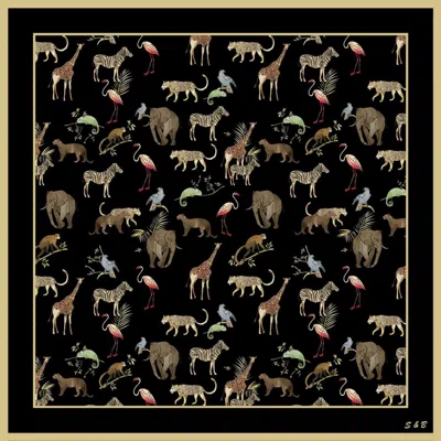 Silk And Bears Women's Noir Safari Wool Silk Scarf – Hand-rolled Animal Motif Wrap In Multi