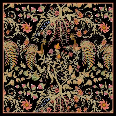 Silk And Bears Women's Phoenix Garden Wool Silk Scarf – Hand-rolled Edge, Black Botanical Heritage Wrap