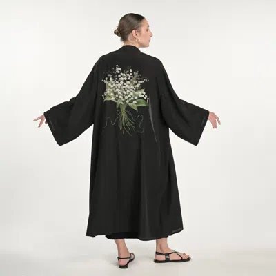 Silk&soul Lily Of The Valley Silk Robe In Black
