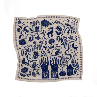 Silk&soul Women's Blue / Neutrals Folk Motif Silk Scarf In Ecru And Blue