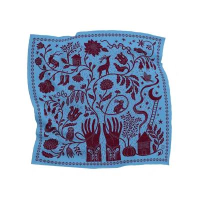 Silk&soul Women's Folk Motif Silk Scarf In Blue & Burgundy