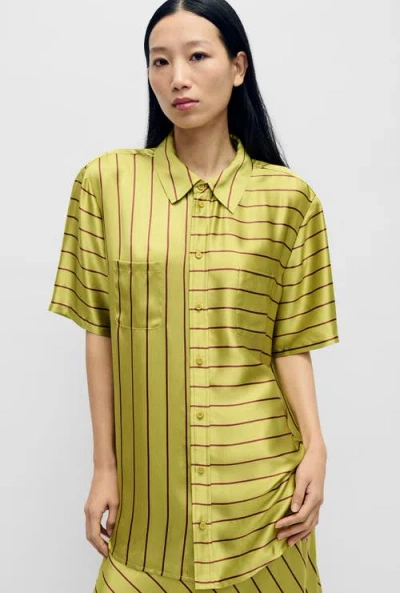 Silk Laundry Short Sleeve Boyfriend Shirt 2.0 Cactus Stripe In Green