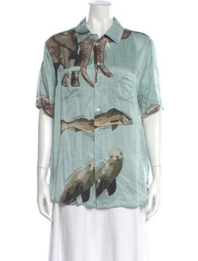 Pre-owned Silk Laundry Silk Graphic Print Button-up Top In Green