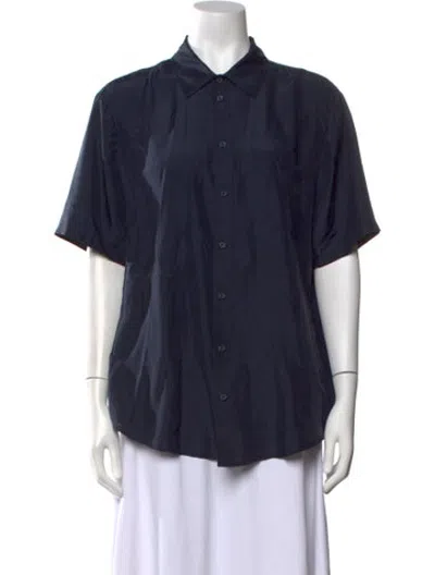 Pre-owned Silk Laundry Silk Short Sleeve Button-up Top In Blue
