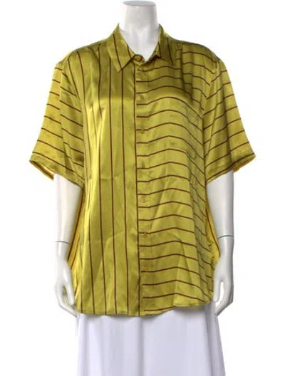 Pre-owned Silk Laundry Silk Striped Button-up Top W/ Tags In Green/yellow